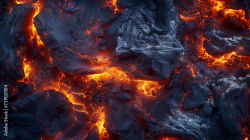 Textured close-up of molten lava flows with glowing orange fissures, suitable for a dramatic natural disaster concept background with space for text