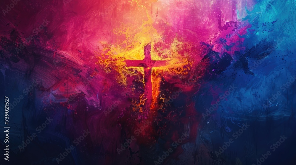 Vibrant Ash Wednesday poster, spiritual colorful abstract background, cross in center, religious cross as symbol of Holy Spirit. - obrazy, fototapety, plakaty 