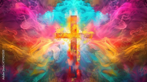 Vibrant Ash Wednesday poster, spiritual colorful abstract background, cross in center, religious cross as symbol of Holy Spirit.