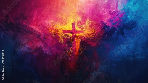 Vibrant Ash Wednesday poster, spiritual colorful abstract background, cross in center, religious cross as symbol of Holy Spirit.