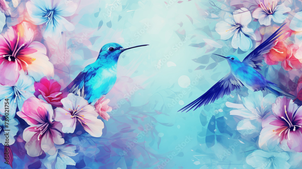 two blue hummingbirds and flowers background painting with birds pink orange spring blooms blossoms plants cute beautiful refined elegant drawing banner decoration wallpaper