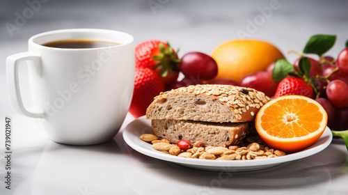Juice and coffee with cereal bread and fruit, Healthy breakfast, lunch or brunch.