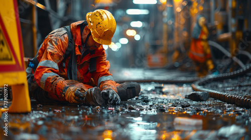 A construction worker experiencing a slip-and-fall accident on a floor at a construction site,generative ai