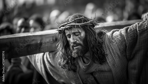 Holy Friday. Way to the cross. Jesus carrying the cross on the way to Calvary
 photo