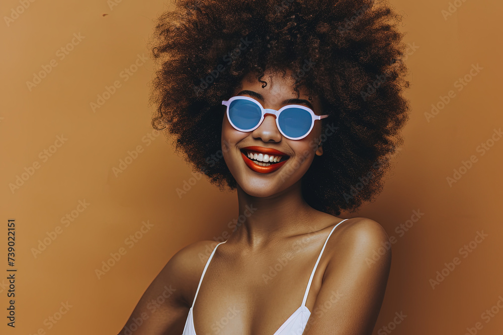 Smiling Teen with Afro in Black Bikini Studio Shot

