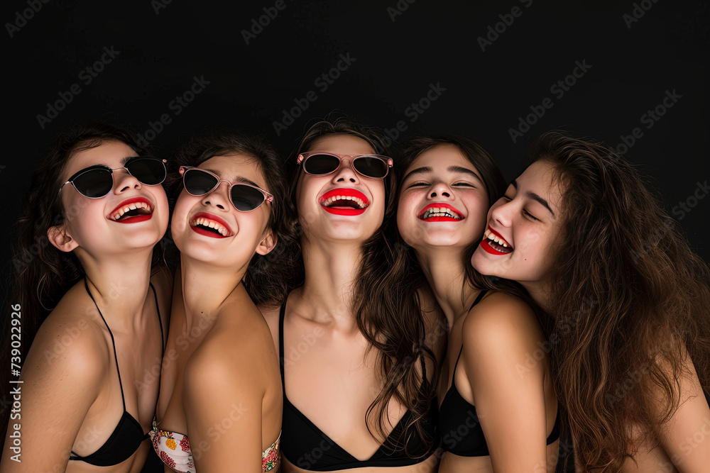 Mixed Heritage Teens Smiling in Black Bikinis
