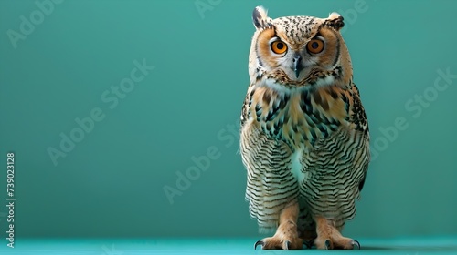 Majestic Owl Standing on a Wooden Floor with Brown Eyes photo
