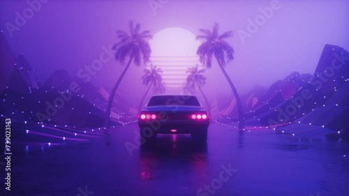 Dark Foggy Landscape with Riding Car SynthWave Background Loop photo