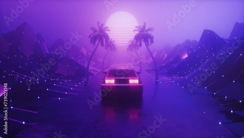 Foggy Roadn with Landscape and Riding Car SynthWave Background Loop photo