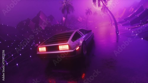 Foggy Roadn with Landscape and Riding Car SynthWave Background photo