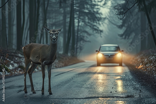 Dramatic Encounter: Deer on Wet Road in Forest Light 