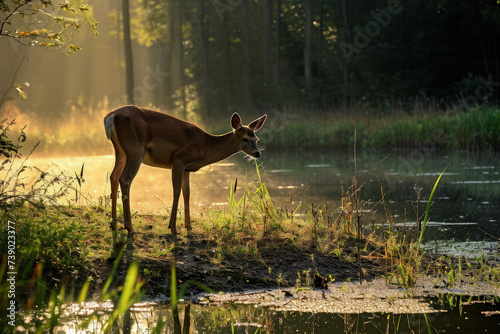 Woodland Dawn: Deer in Sunrise Glow by Water  © Creative Valley