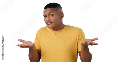 Confused, shrug and portrait of man in studio with why hands on isolated, transparent or png background. Doubt, questions and face of male model with palm scale choice, unsure or asking body language