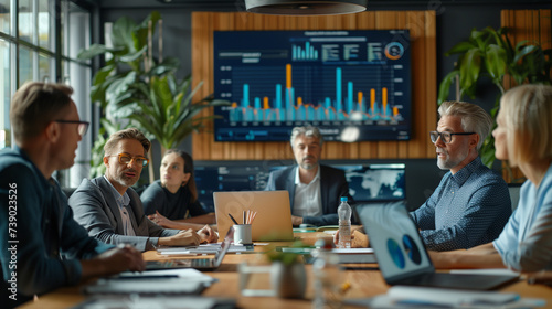 Focused corporate professionals analyze a dashboard displaying financial success metrics during a strategic meeting..