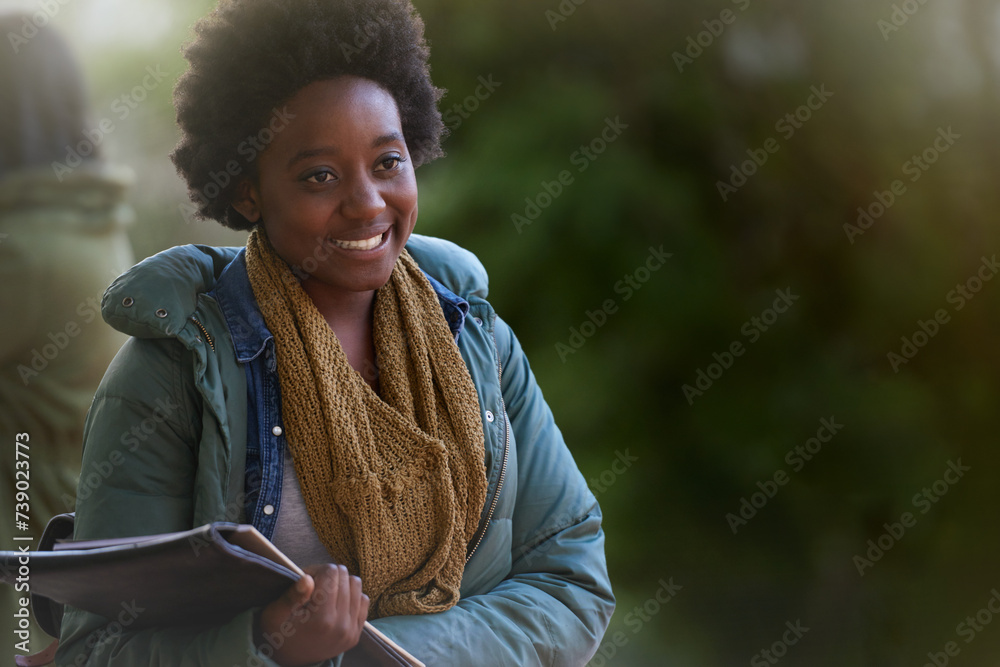 Student, black woman and smile with books on campus, education and learning material for studying. Happy, scholarship and university for academic growth, textbook or notebook with knowledge outdoor - obrazy, fototapety, plakaty 