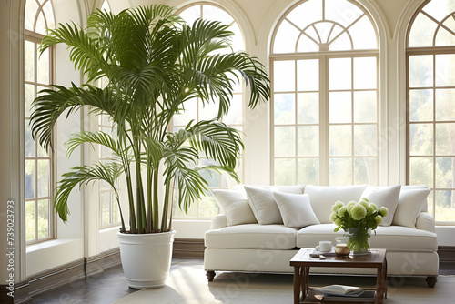 Living room interior with white sofa, plant, coffee table and window