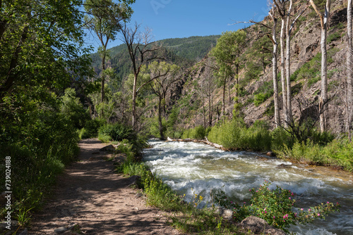 In a summer morning, the grizzly creek view from the grizzly creek trail in the Glenwood Canyon, White River National Forest (Glenwood Springs, Colorado, United-States)