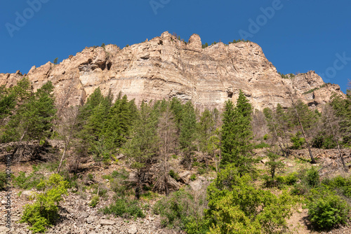 In a summer morning, cliffs viewed from the grizzly creek trail in the Glenwood Canyon, White River National Forest (Glenwood Springs, Colorado, United-States)