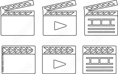 Clapperboard icons Set. Movie shooting clapper board vectors. Film cinema or tv clapperboard symbols. cinema action scene cut clap board signs in line styles editable stock on transparent background.