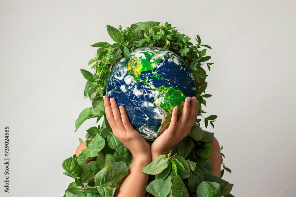 Earth's Embrace: Woman Made of Leaves Holding the Globe
Earth's Embrace: Woman Made of Leaves Holding the Globe