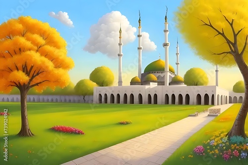 Beautiful and colorful illustration of a mosque with trees, flowers and peaceful sky, amazing, serene, tranquil, vibrant © Imejing