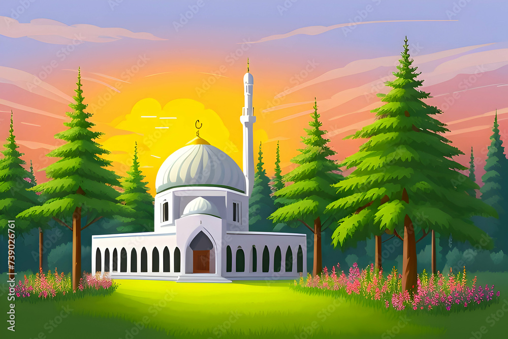 Fototapeta premium Beautiful and colorful illustration of a mosque with trees, flowers and peaceful sky, amazing, serene, tranquil, vibrant