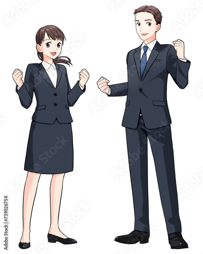 ガッツポーズするスーツ姿の若い男女