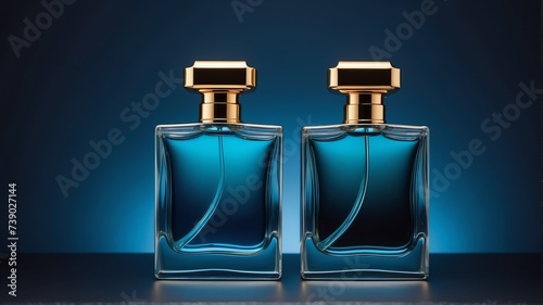Chic minimalist and stylish perfume bottle on blue dark metallic background from Generative AI