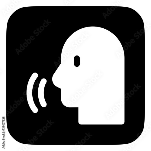 Vector person speaking, speech recognition, voice activation icon. Black, white background. Perfect for app and web interfaces, infographics, presentations, marketing, etc.
