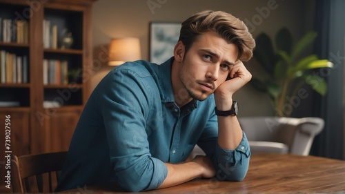 Portrait of a handsome young worried caucasian man on a table in the living room background from Generative AI