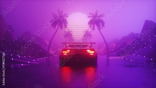 Glowing Dark Foggy landscape with Riding Sports Car SynthWave Background photo