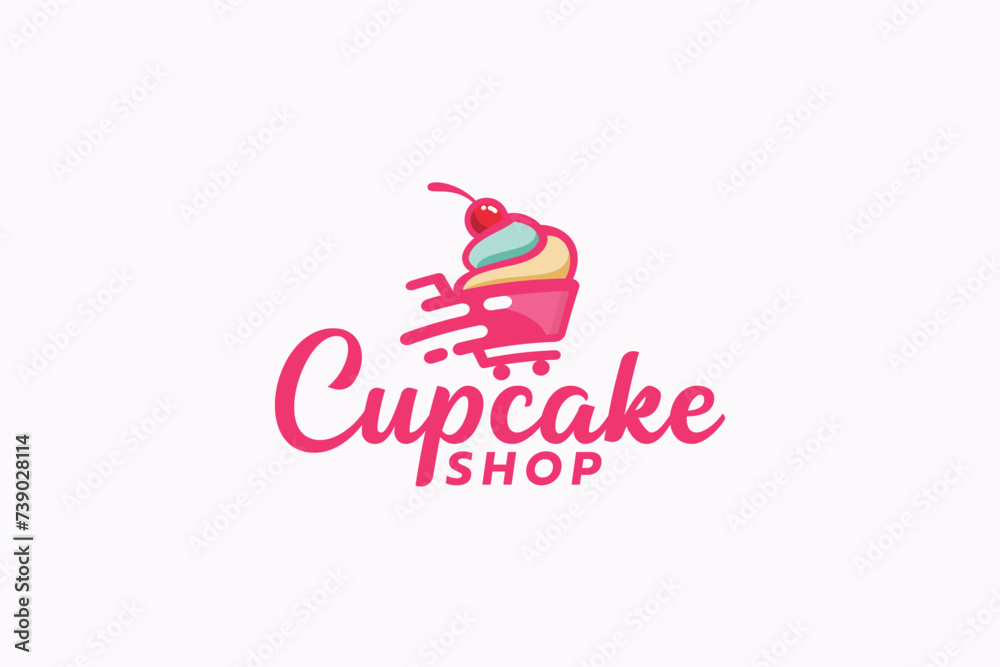 Fototapeta premium cupcake shop logo with a combination of a cupcake, shopping cart and speed effect