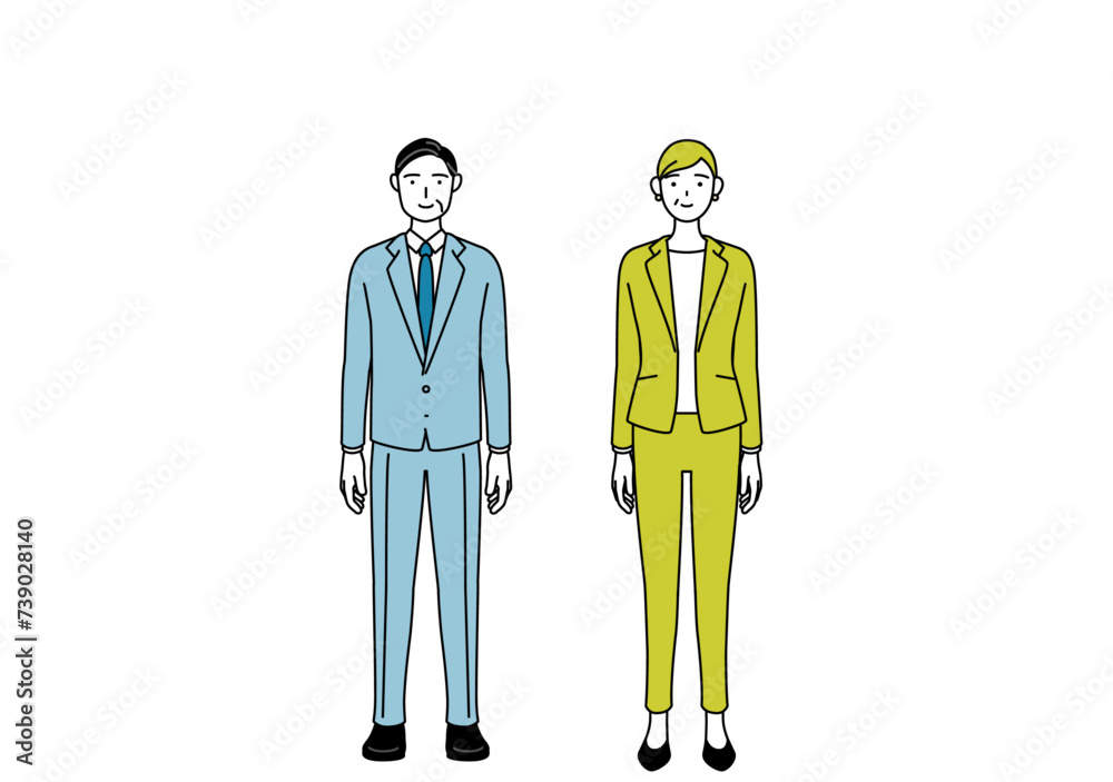 Simple line drawing illustration of a man and a woman (senior, executive, manager) in a suit facing forward Simple line drawing illustration of a man and a woman (senior, executive, manager) in a suit facing forward