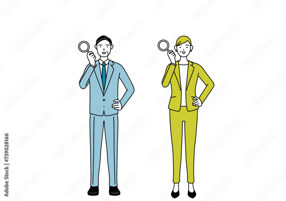 Simple line drawing illustration of businessman and businesswoman (senior, executive, manager) in a suit looking through magnifying glasses Simple line drawing illustration of businessman and businesswoman (senior, executive, manager) in a suit looking through magnifying glasses