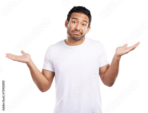 Portrait, man and hands up in confusion, ignorance and isolated transparent png background. Male person, lost and clueless with shrugging shoulders with squinting expression, doubt and frown photo