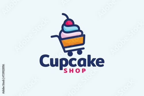 cupcake shop logo with a combination of a cupcake and a shopping cart.