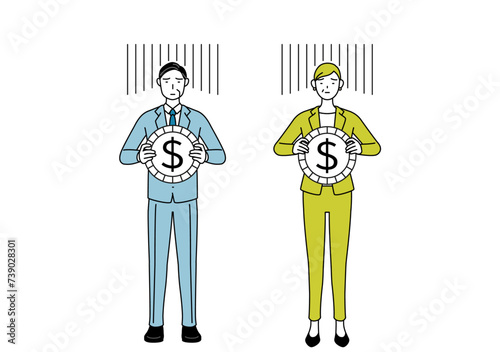 Simple line drawing illustration of businessman and businesswoman (senior, executive, manager) in a suit, an image of exchange loss or dollar depreciation