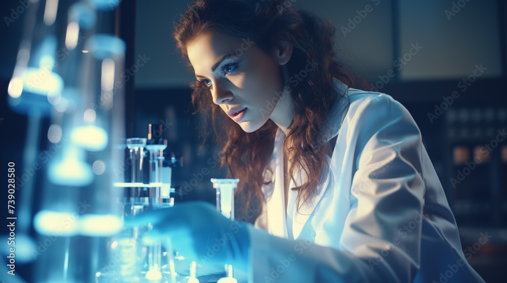 Scientist concentrating on her work in the lab, measuring and analyzing science or research results Scientist concentrating on her work in the lab, measuring and analyzing science or research results