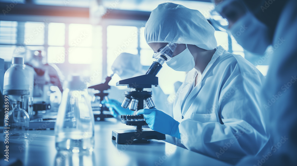 Scientist concentrating on her work in the lab, measuring and analyzing science or research results Scientist concentrating on her work in the lab, measuring and analyzing science or research results