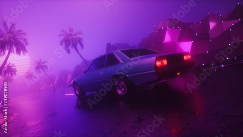 RetroWave Riding Car at Foggy Landscape SynthWave Style Background Loop photo