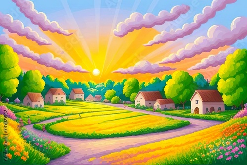 Beautiful and colorful illustration of a village with trees, flowers and peaceful sky, landscape, countryside, serene, tranquil, vibrant