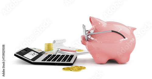 3d rendering of cute piggy bank with money, notebook and calculator isolated on white background