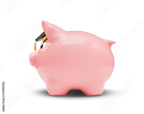 3d render of cute pink piggy bank with graduation hat isolated on a white background