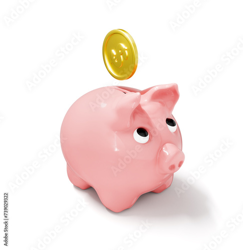 3d rendering of cute piggy bank and gold coin isolated on white background