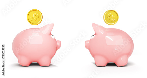 Set of 3d rendering of cute piggy bank and gold coin isolated on white background