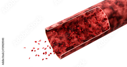 3d render of blood vessel with flowing red blood cells on a white background