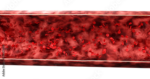 3d render of blood vessel with flowing red blood cells on a white background