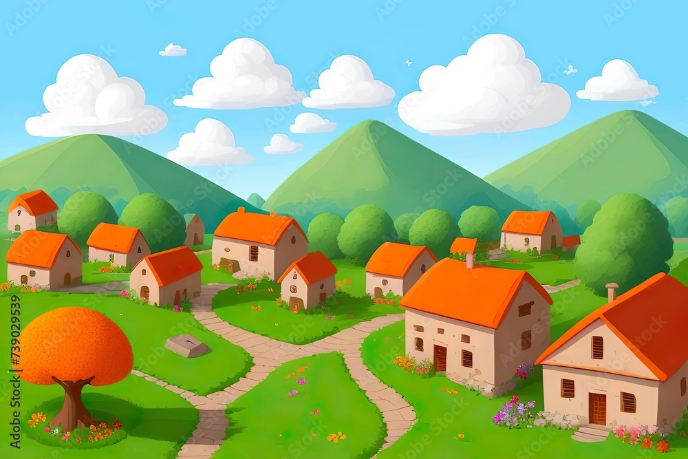 Beautiful and colorful illustration of a village with trees, flowers and peaceful sky, landscape, countryside, serene, tranquil, vibrant