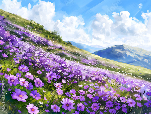 purple flowers field in the mountains  watercolor style