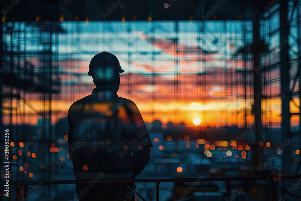 Silhouette of engineer inspecting construction building in the evening at sunset. AI Generated Silhouette of engineer inspecting construction building in the evening at sunset. AI Generated